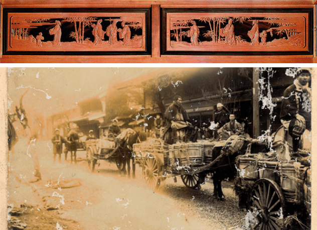 The fifth-generation brewery owner, Iheinobushige Kitahara, received a pair of fanlights from the daimyo of Takatō Domain, Surugano-kami Naito, as a gift to celebrate the completion of the new main building of the brewery. The fanlights were made by Senshirō Tatekawa, a celebrated carpentry sculptor who specialized in shrines and temples. The title of the fanlights were “Seven Sages of the Bamboo Grove” (“Chikurin no Shichikenjin” in Japanese), which is the origin of the current name, “Shichiken.”